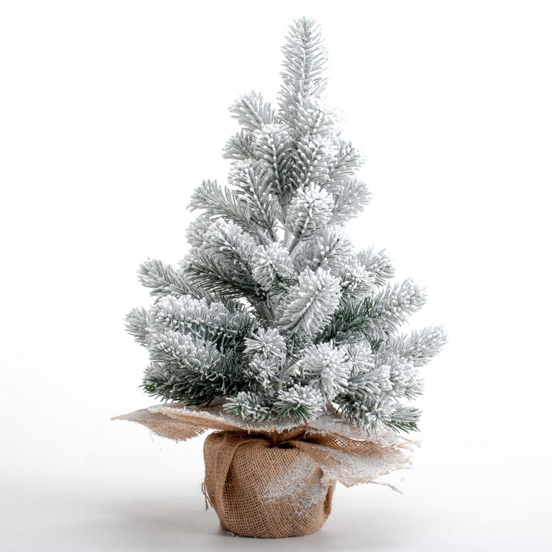 Artificial snowy Christmas tree in rustic sack