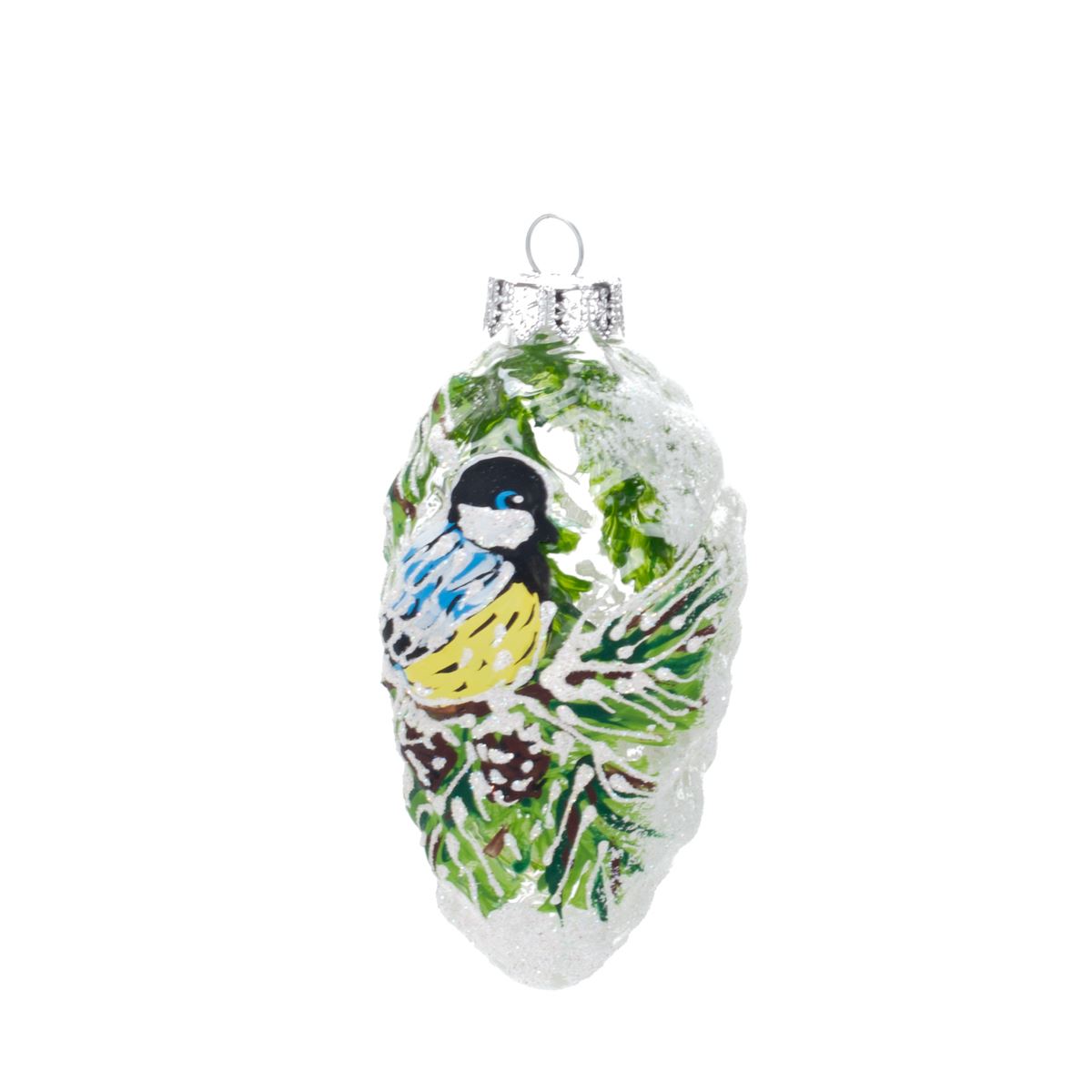 Glass tree decoration Cone with a tit, 11*5.5 cm, 1085G-230 Christmas decoration Cone with a tit, 11*5.5 cm, 1085G-230