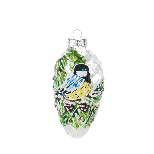 Glass tree decoration Cone with a tit, 11*5.5 cm, 1085G-230 Christmas decoration Cone with a tit, 11*5.5 cm, 1085G-230