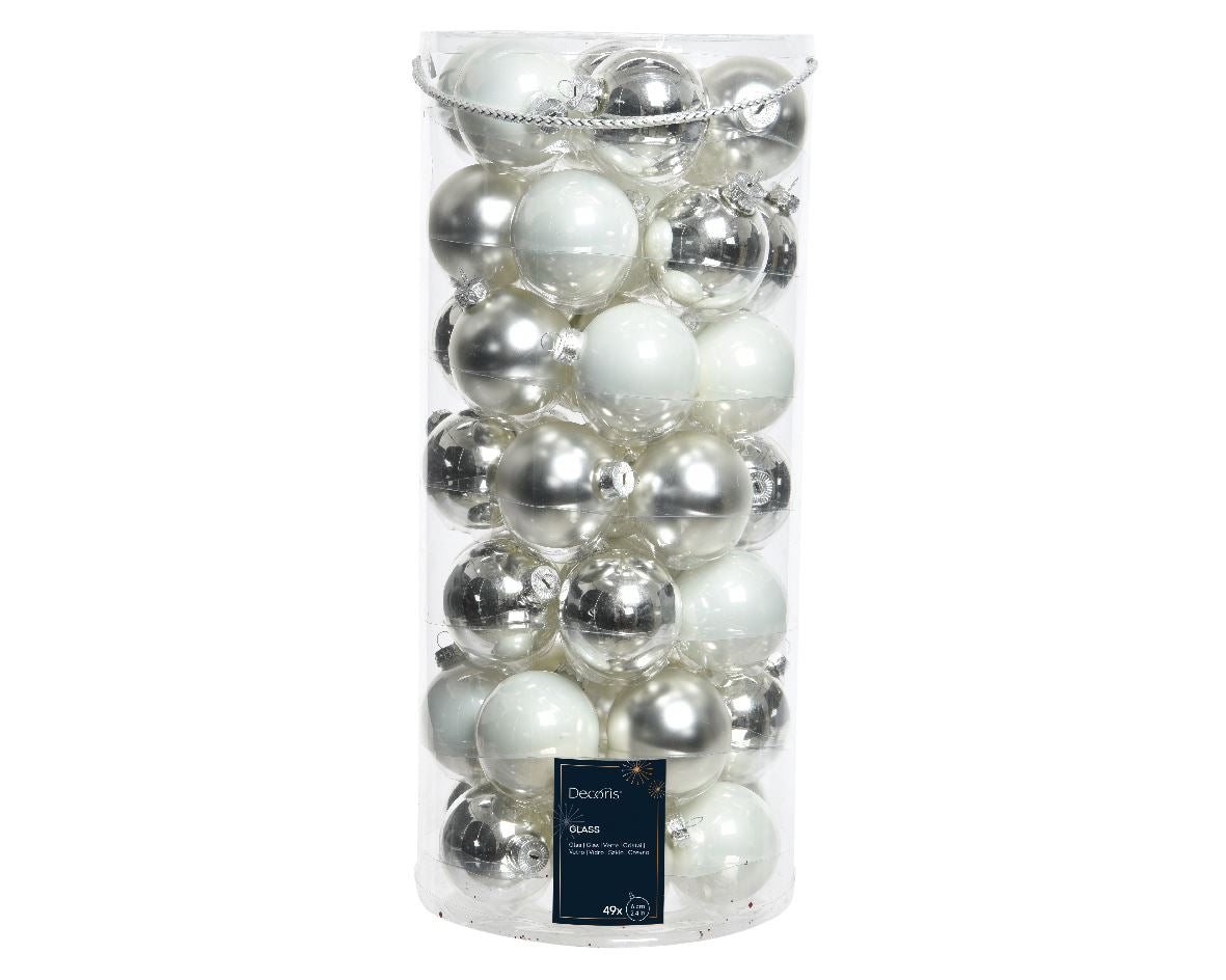 Set of glass balls for a Christmas tree White/Silver, 49 pcs, 6 cm, 14.3166 Set of Christmas balls White/Silver, 49 pcs, 6 cm, 14.3166