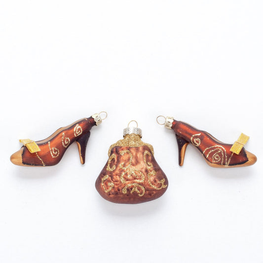 A set of glass decorations for the Christmas tree Shoes and a handbag, glass, 3 pcs, 5*6*3 cm, 20615 New Year's decoration, 20615