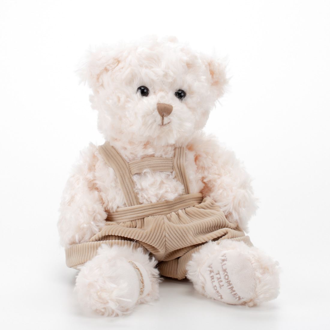 Fluffy bear in beige overalls