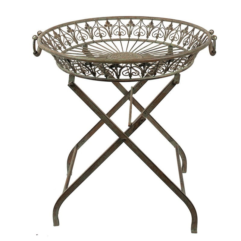 Green and brown round iron plant table