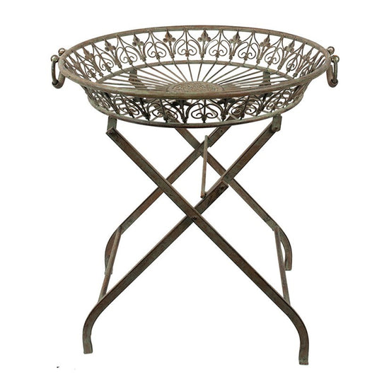 Green and brown round iron plant table