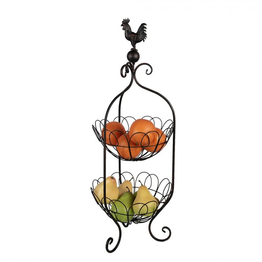 Elegant Vintage French Two-Tier Metal Fruit Basket with Rooster Top 10x29 in