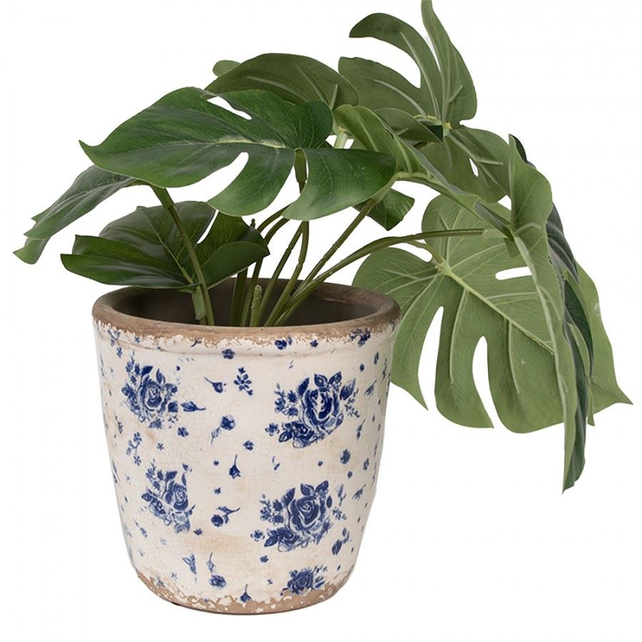 Ceramic flower pot in vintage style Blue Roses, 15*14 cm