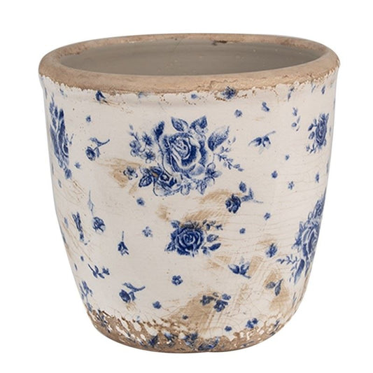 Ceramic Flower Planter (Ø 5.1x4.7 in) – Beige & Blue with Roses