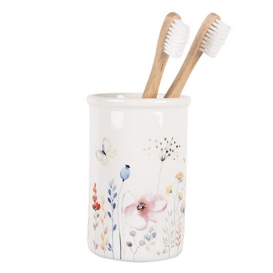 Ceramic Toothbrush Holder with Summer Floral Design - 8x12 cm