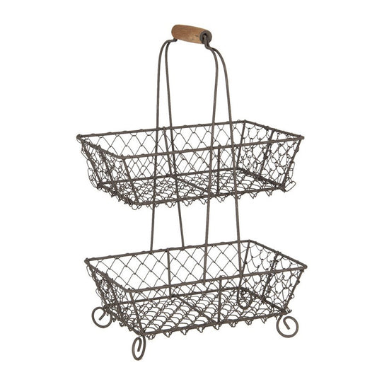 Vintage Metal 2-Tier Wire Basket Stand with Wooden Handle