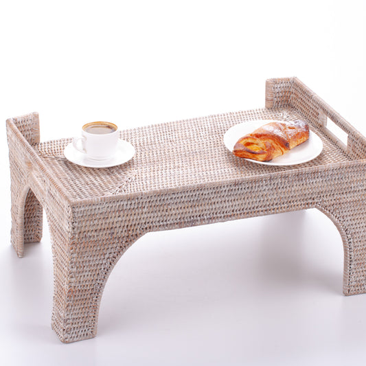 Handwoven Rattan Bed Tray Table with Legs | Breakfast in Bed Serving Tray | Boho Woven Tray with Handles | Laptop Stand