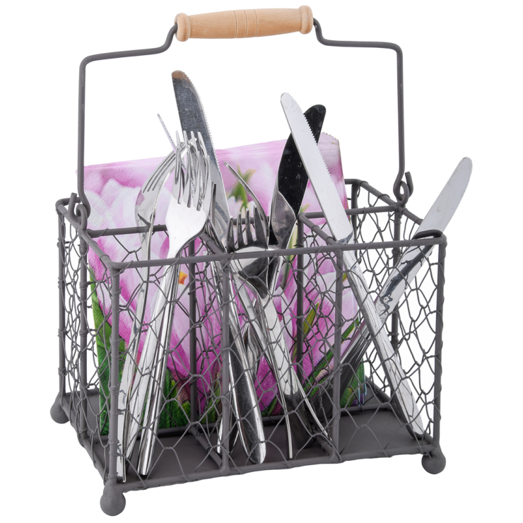 Vintage Metal Flatware Caddy with Wooden Handle, 6x8.4x6.4 in (15х21х16 cm)