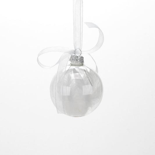 Transparent glass ball with white feathers inside for a Christmas tree