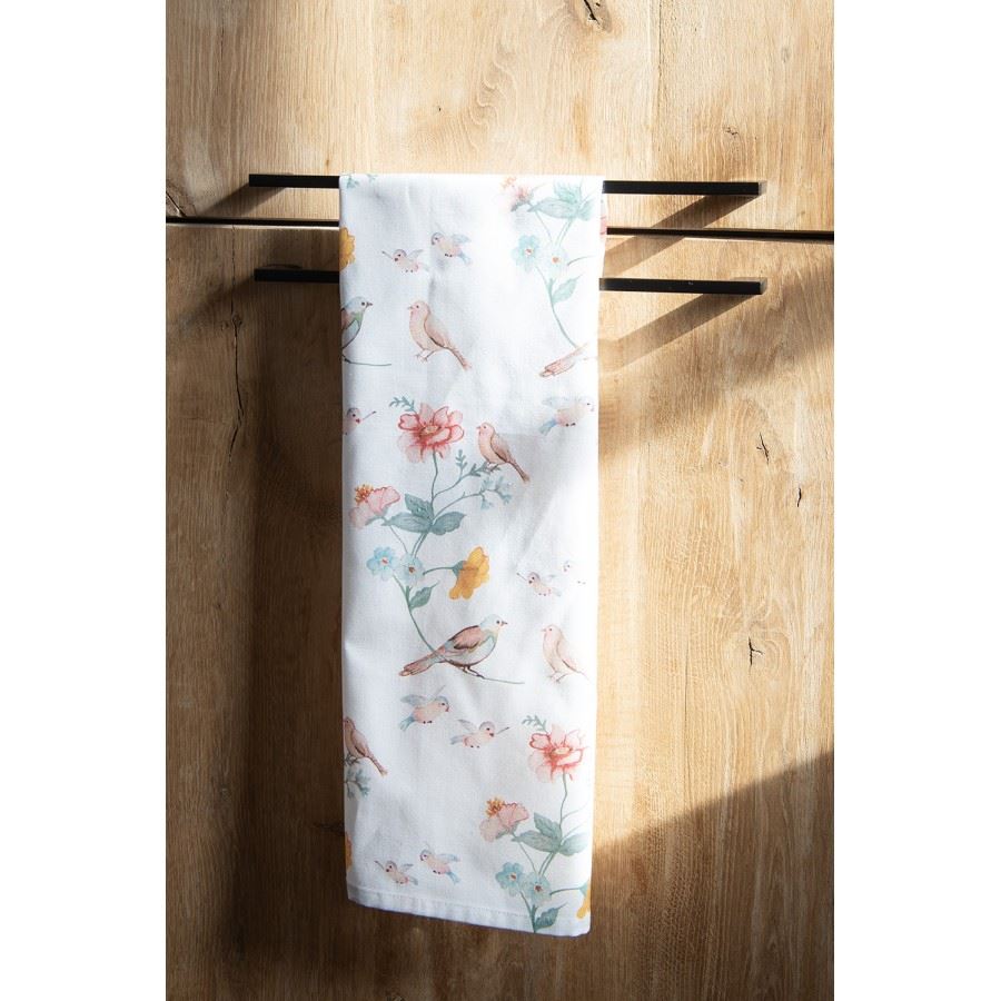 Beige bird print cotton tea towel
