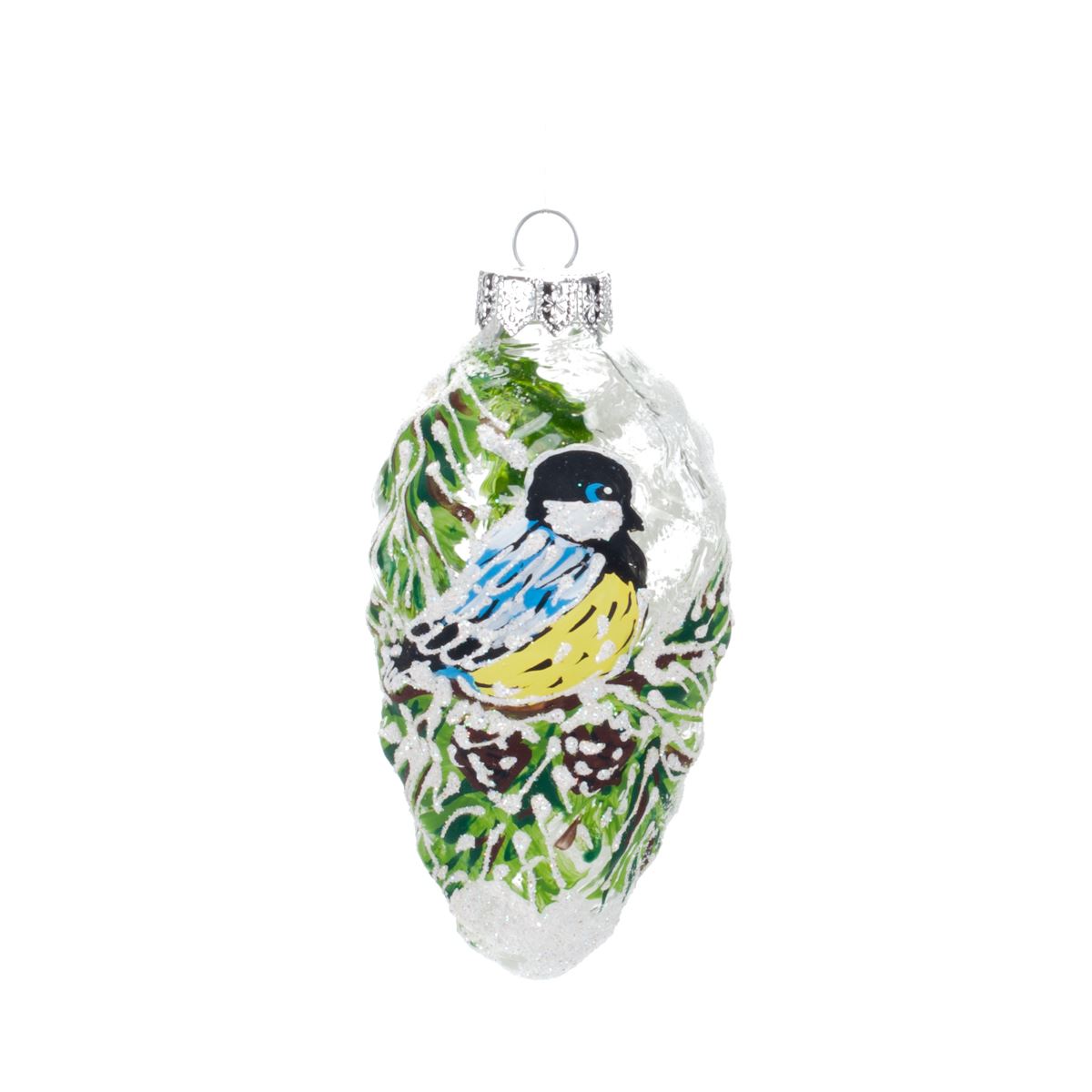 Glass tree decoration Cone with a tit, 11*5.5 cm, 1085G-230 Christmas decoration Cone with a tit, 11*5.5 cm, 1085G-230