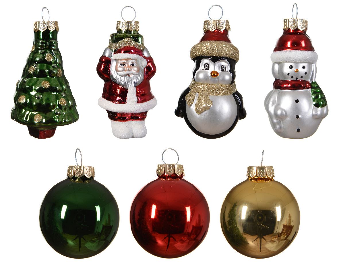 Set of glass figurines for a Christmas tree MIX, 5 pcs., 4.5*7 cm, 12.9592 Set of Christmas tree figurines MIX, 7 pcs., 4.5*7 cm, 12.9592