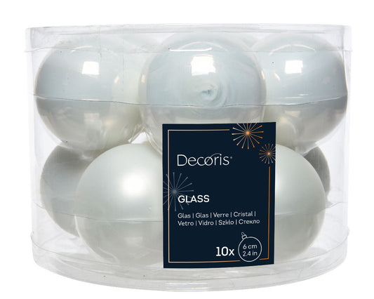 Set of 10 Winter White Glass Christmas Balls – 6 cm