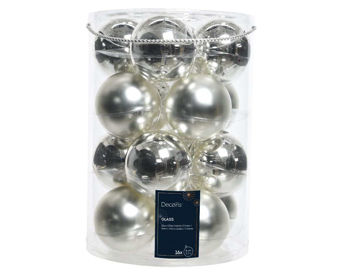 Silver Glass Christmas Tree Balls – Set of 16, 8 cm