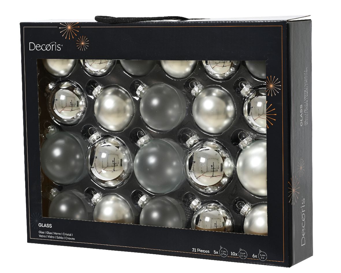 Set of glass balls for Christmas tree Silver, 21 pcs., 7/6/5 cm, 14.9173 Set of glass balls for Christmas tree Silver, 21 pcs., 7 cm, 14.9173