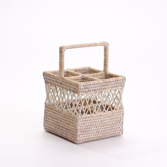 Colonial Rustic Style Hand Woven Rattan Cutlery and Sauce Holder 15x15x15/23cm