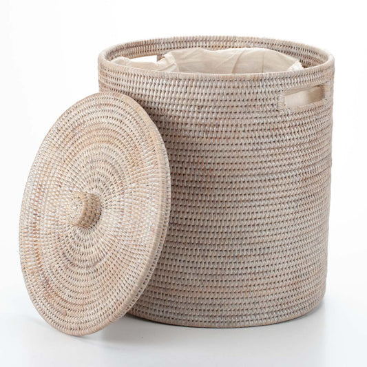 Wicker laundry basket with lid, with cotton insert, colonial and vintage style, hand woven from natural rattan, 38*42 cm