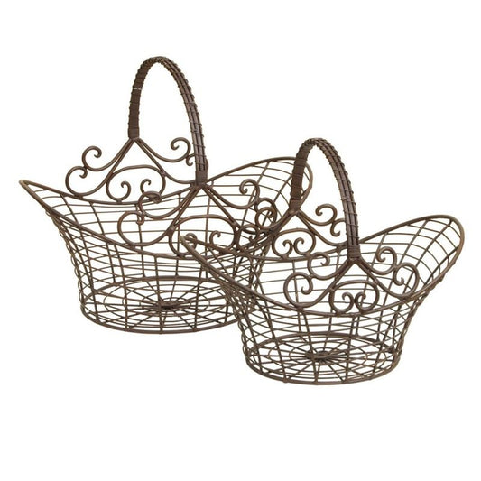 Vintage French Wire Basket with Scroll Handles 16.4x12.4x14 in