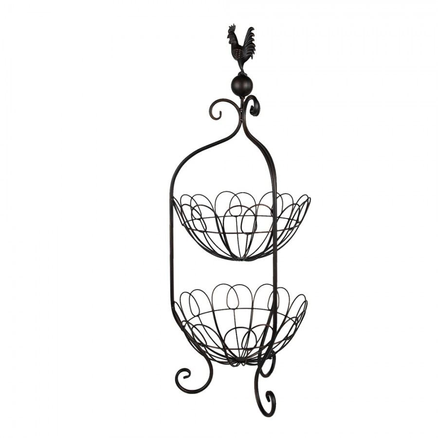 Elegant Vintage French Two-Tier Metal Fruit Basket with Rooster Top 10x29 in