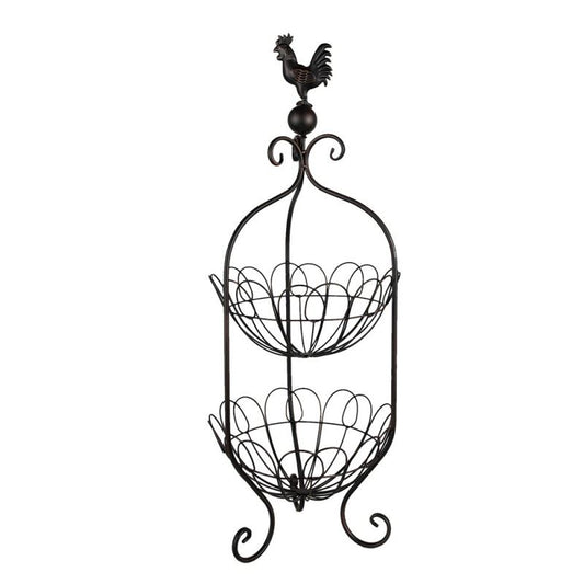 Elegant Vintage French Two-Tier Metal Fruit Basket with Rooster Top 10x29 in