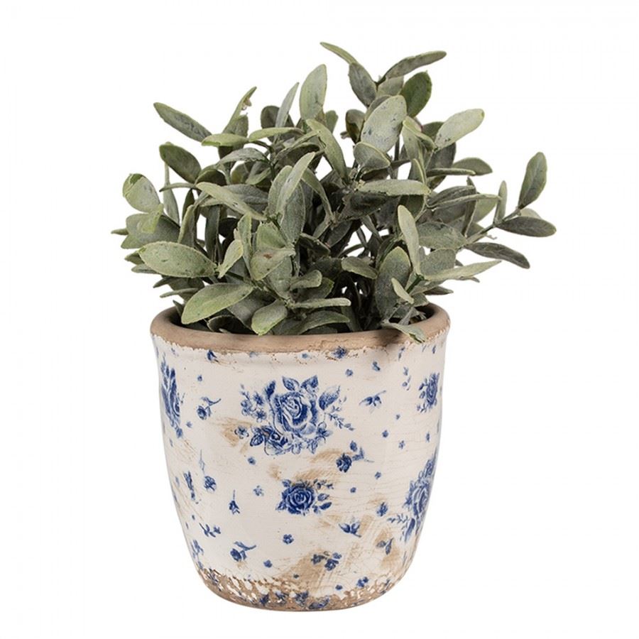 Ceramic Flower Planter (Ø 5.1x4.7 in) – Beige & Blue with Roses