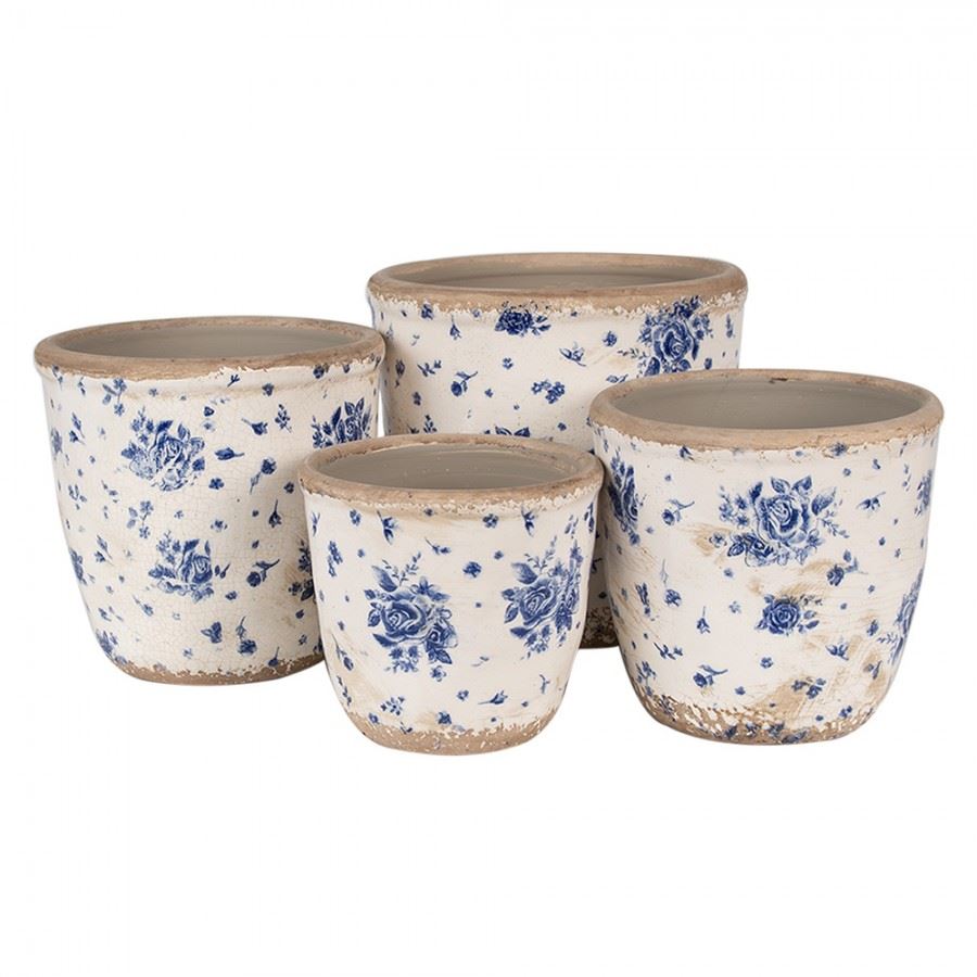 Ceramic Flower Planter (Ø 5.1x4.7 in) – Beige & Blue with Roses