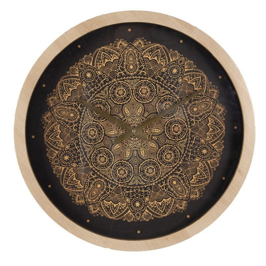 Boho-style black and gold wood glass hanging clock