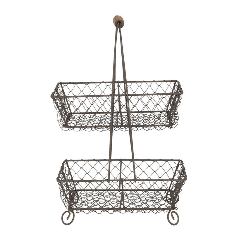 Vintage Metal 2-Tier Wire Basket Stand with Wooden Handle