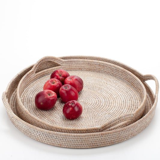 Round Tray with Handles Woven from Rattan, 48*6/10 cm, 71014-white