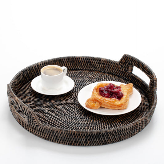 16" Round Handwoven Rattan Serving Tray with Handles | Natural Boho Tray for Coffee Table, Breakfast in Bed & Entertaining