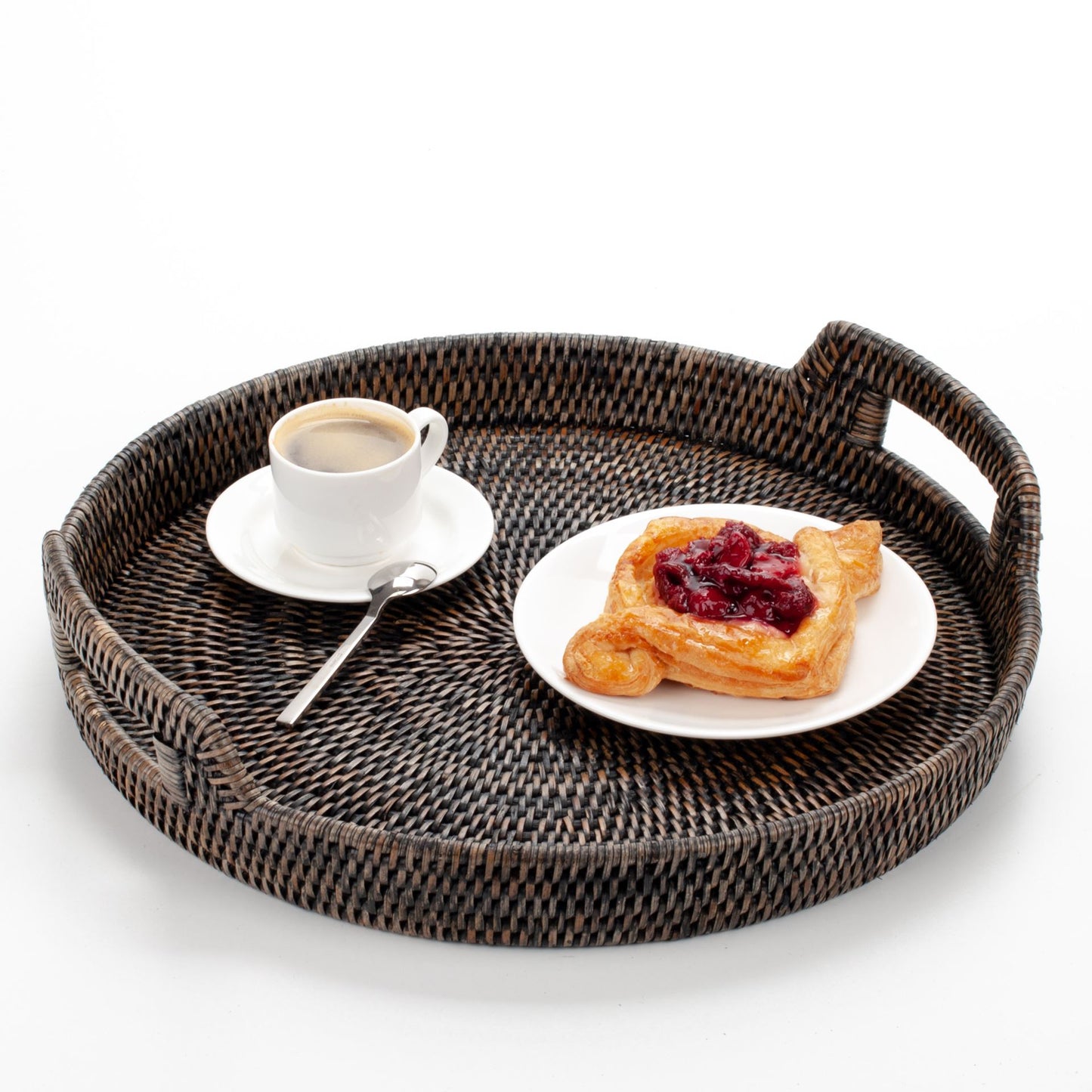 16" Round Handwoven Rattan Serving Tray with Handles | Natural Boho Tray for Coffee Table, Breakfast in Bed & Entertaining