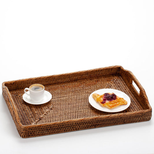 Handwoven Rattan Serving Tray with Handles | Rectangular Woven Breakfast Tray | Ottoman Tray Coffee Table Decor | Boho Home