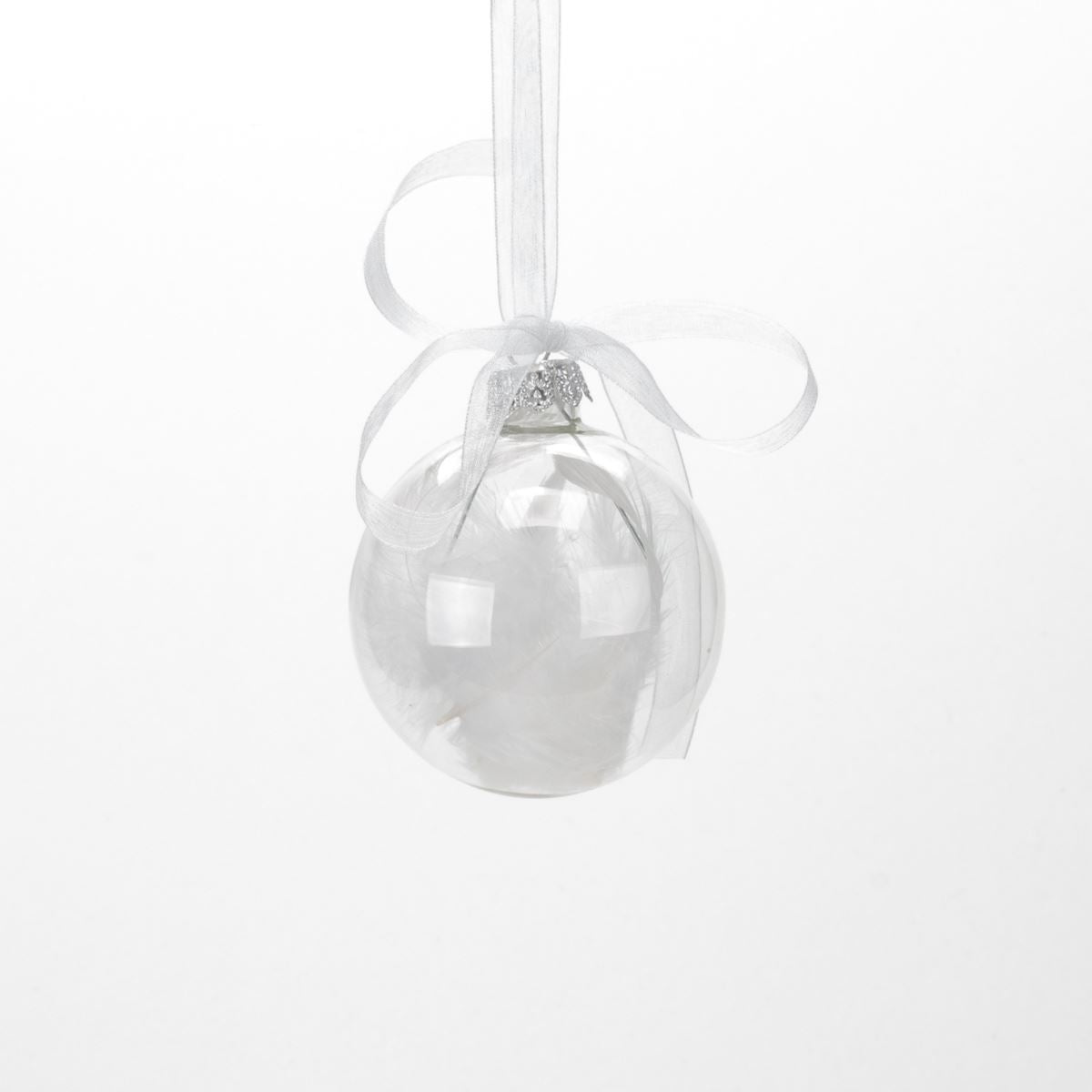 Transparent glass ball with white feathers inside for a Christmas tree