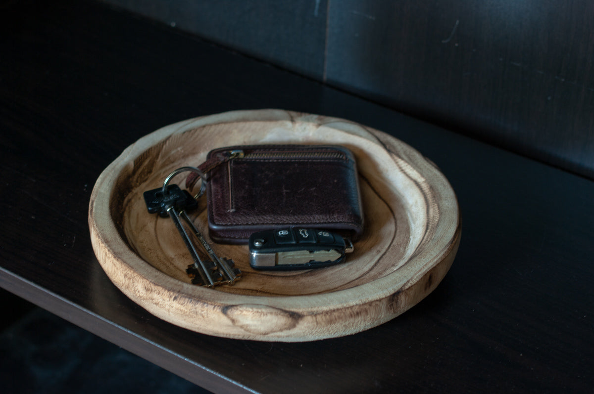 Natural Wood Round Catchall Tray - Valet Key & Wallet Organizer 10 in diameter
