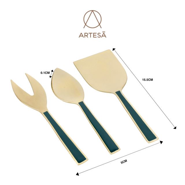 Artesà Green & Gold Luxury Cheese Knife Set – 3-Piece Gold-Plated Stainless Steel Cutlery with Emerald Enamel