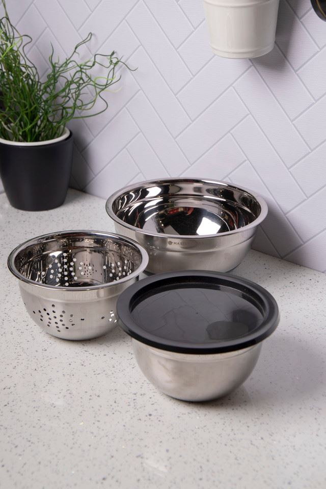 MasterClass Smart Space 3-Piece Bowl Set with Colander & Lid