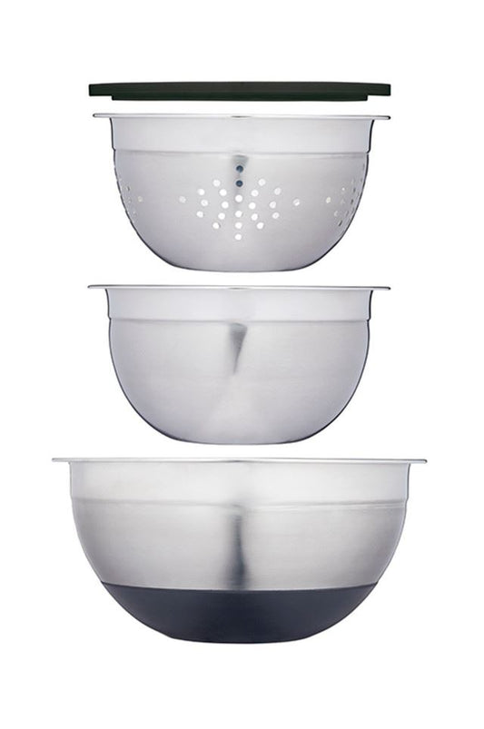 MasterClass Smart Space 3-Piece Stainless Steel Bowl Set with Colander and Seal-Tight Lid