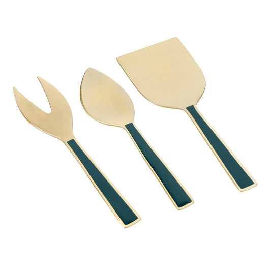 Artesà Green & Gold Luxury Cheese Knife Set – 3-Piece Gold-Plated Stainless Steel Cutlery with Emerald Enamel